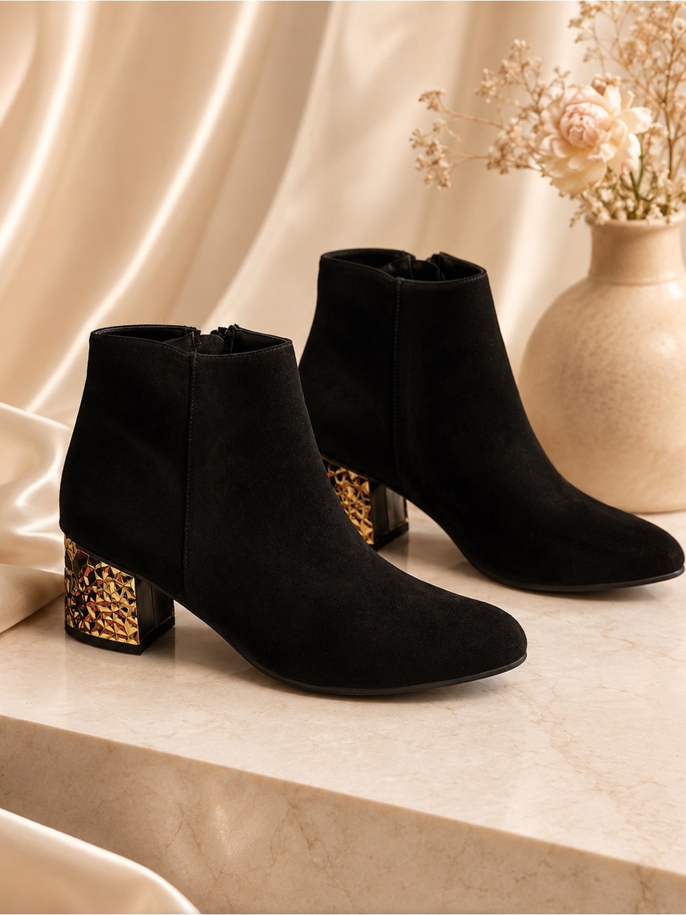 Black Suede Ankle Boots with Sculpted Gold Heel